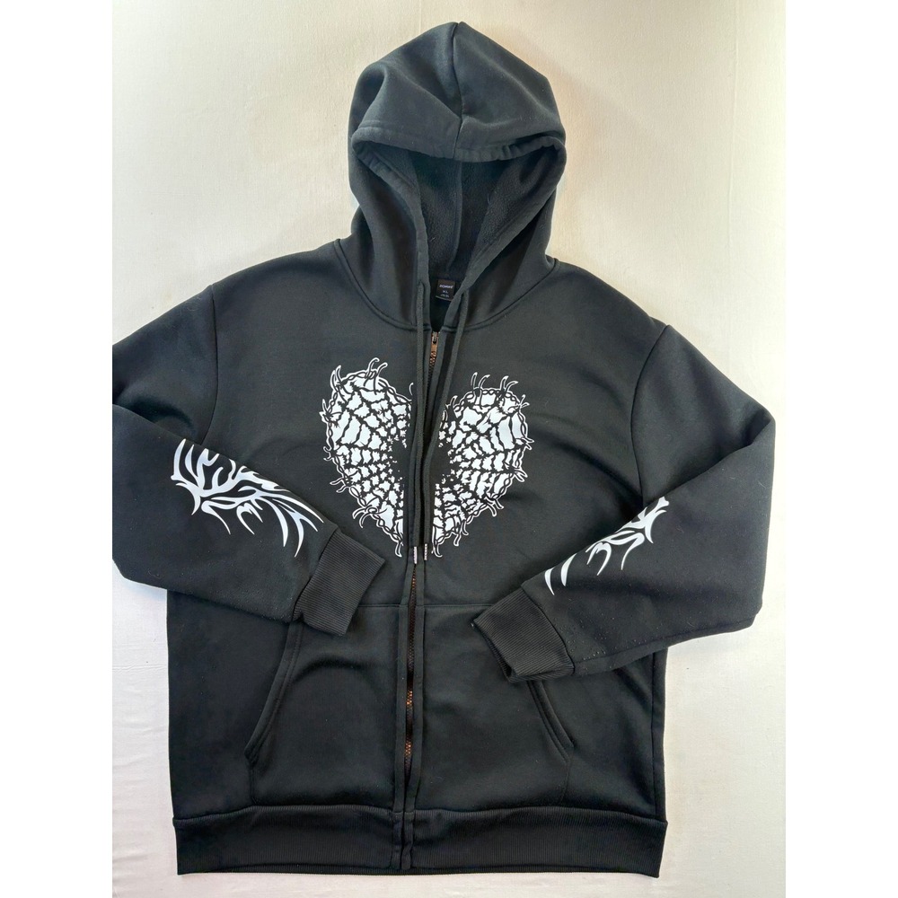Romwe Mens XL Black Spiderweb Heart Barbed Wire Tribal Graphic Zip Up Hoodie
